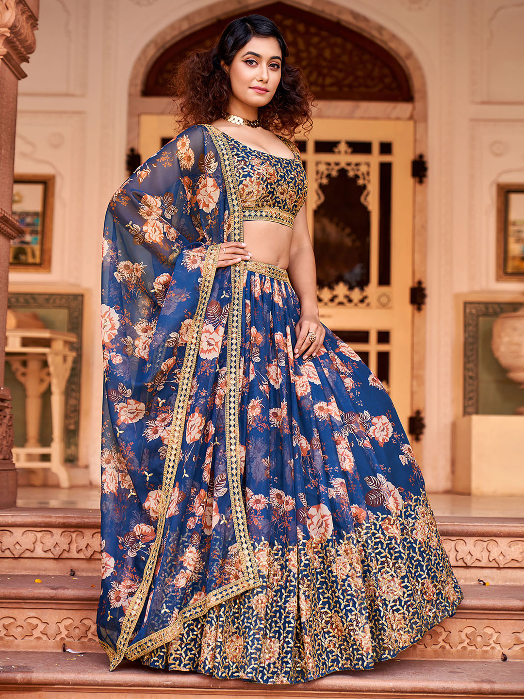 Royal Blue Floral Printed Organza Lehenga Choli