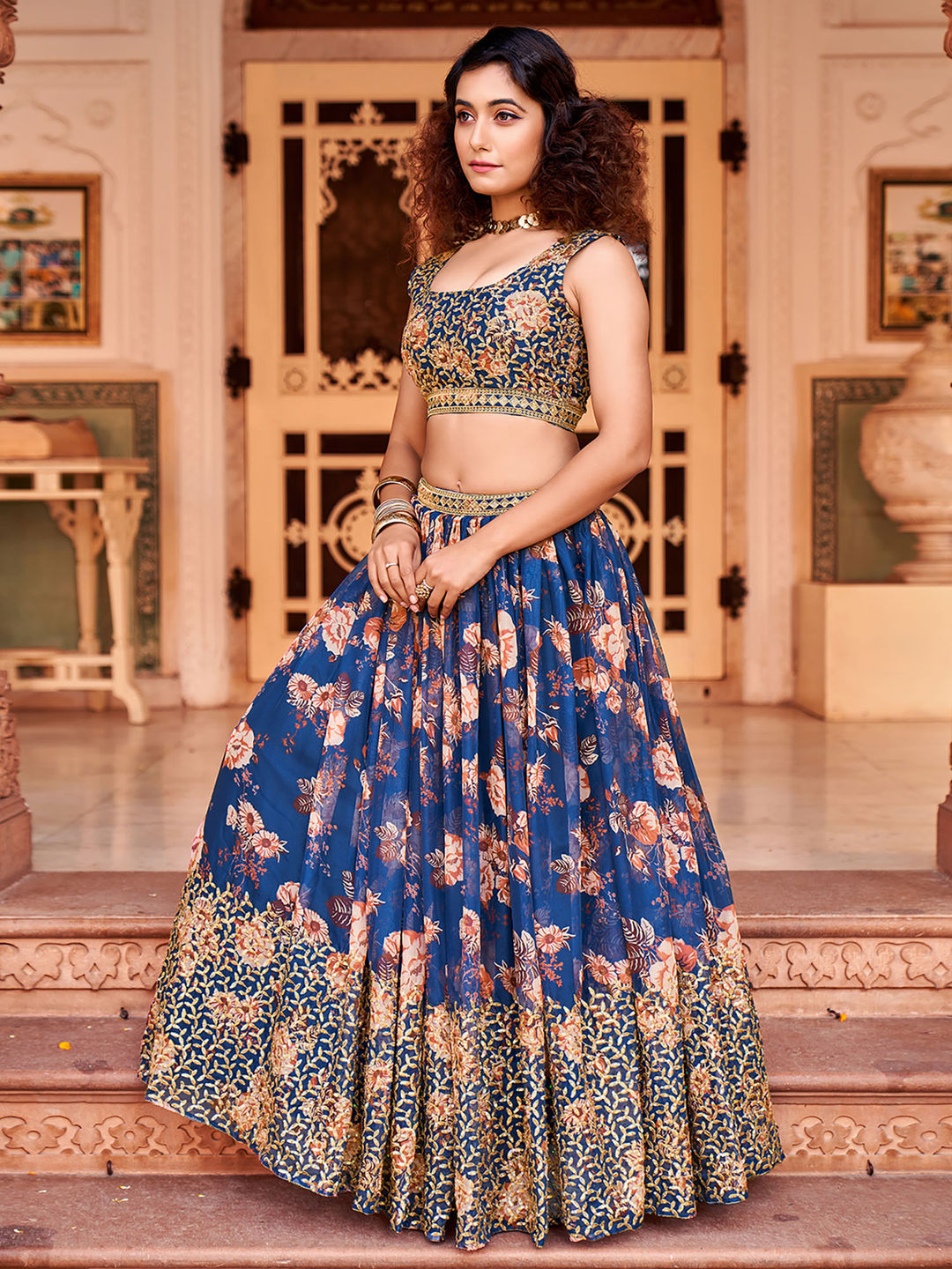 Royal Blue Floral Printed Organza Lehenga Choli