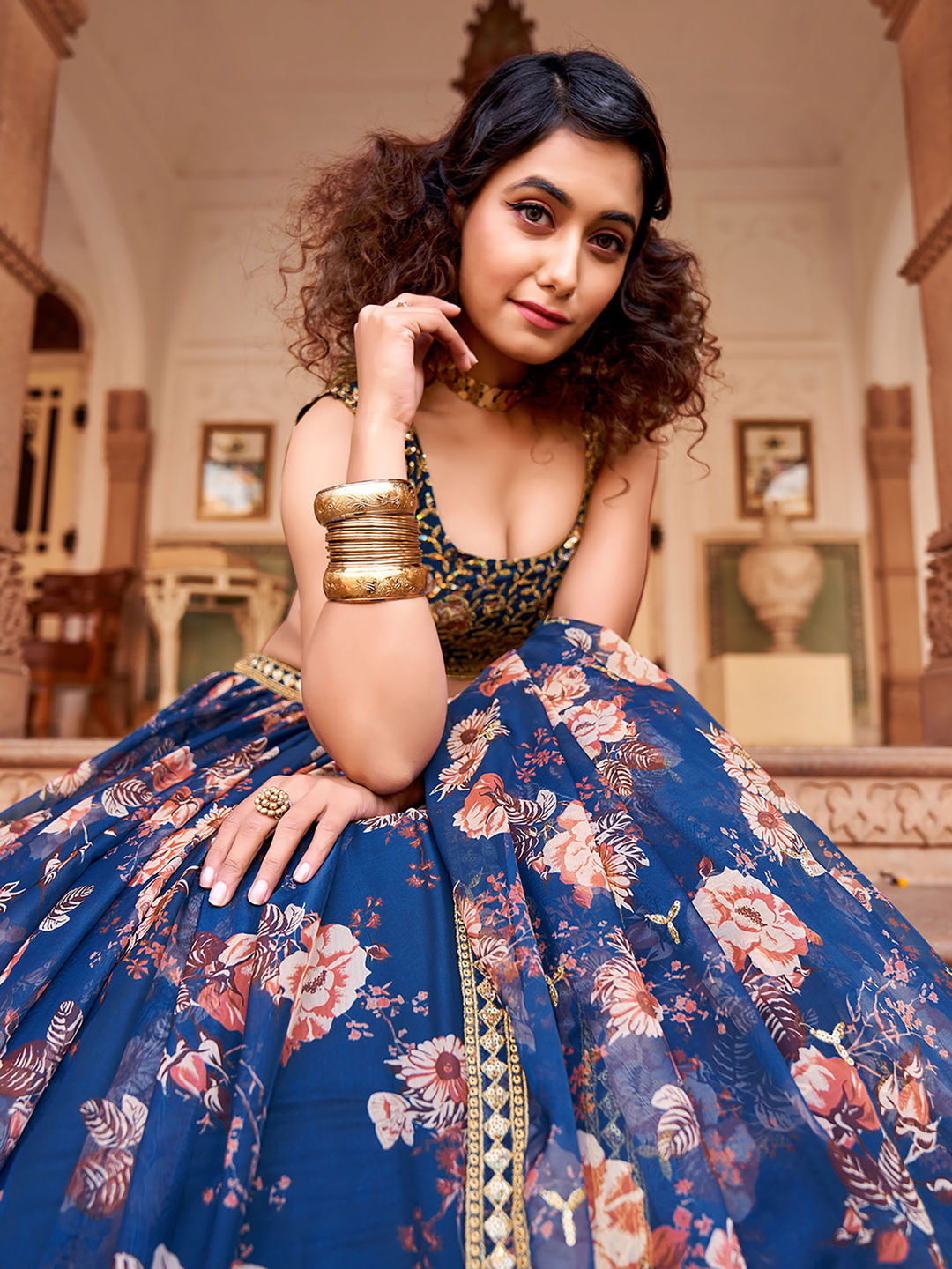 Royal Blue Floral Printed Organza Lehenga Choli