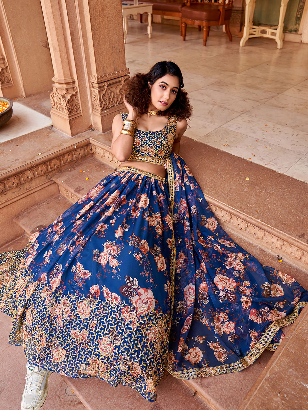 Royal Blue Floral Printed Organza Lehenga Choli