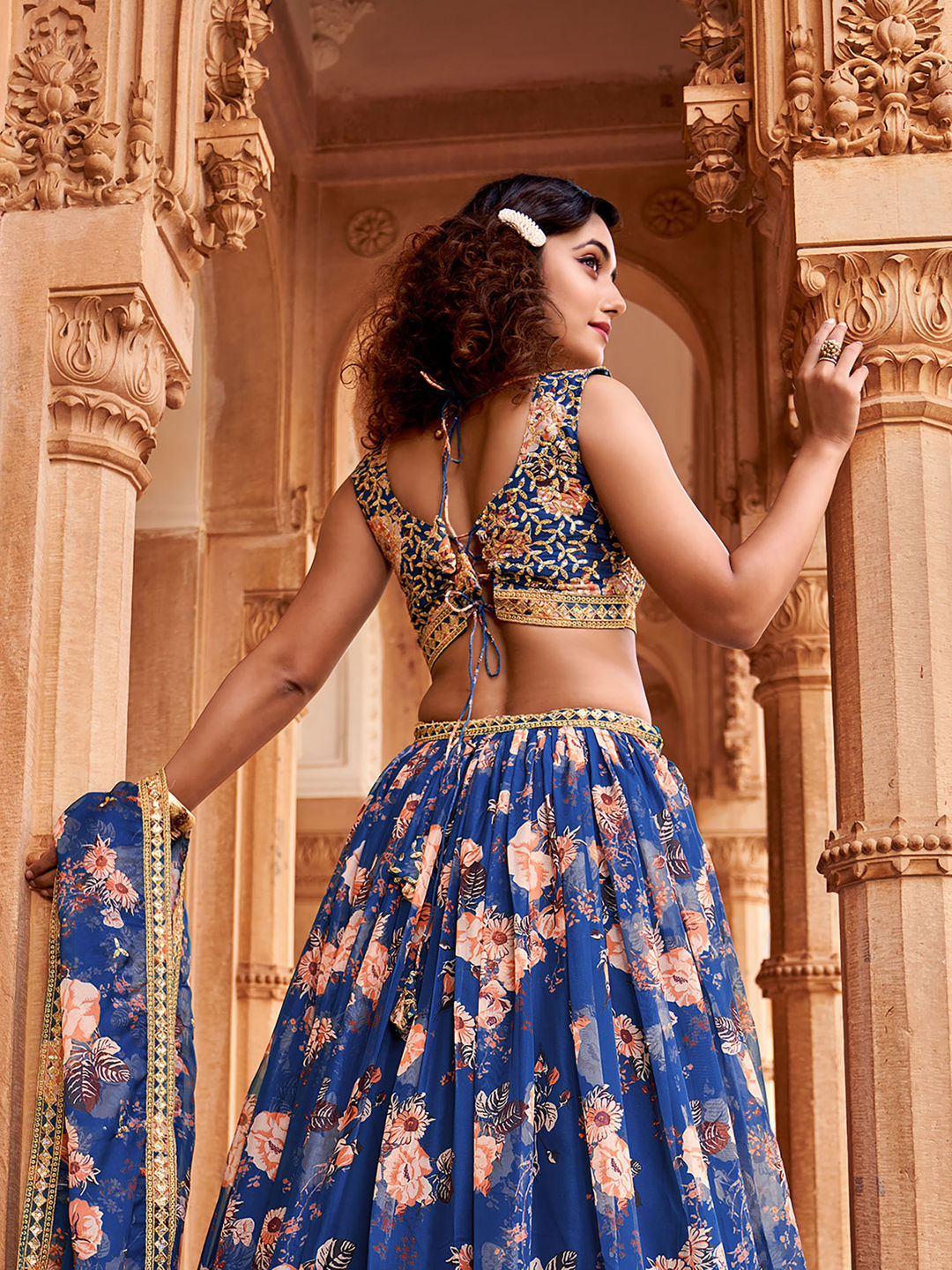 Royal Blue Floral Printed Organza Lehenga Choli