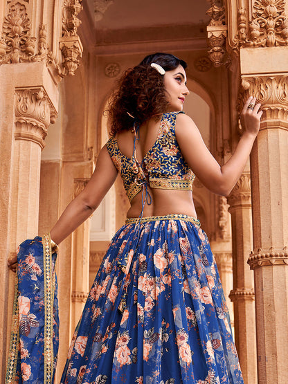 Royal Blue Floral Printed Organza Lehenga Choli