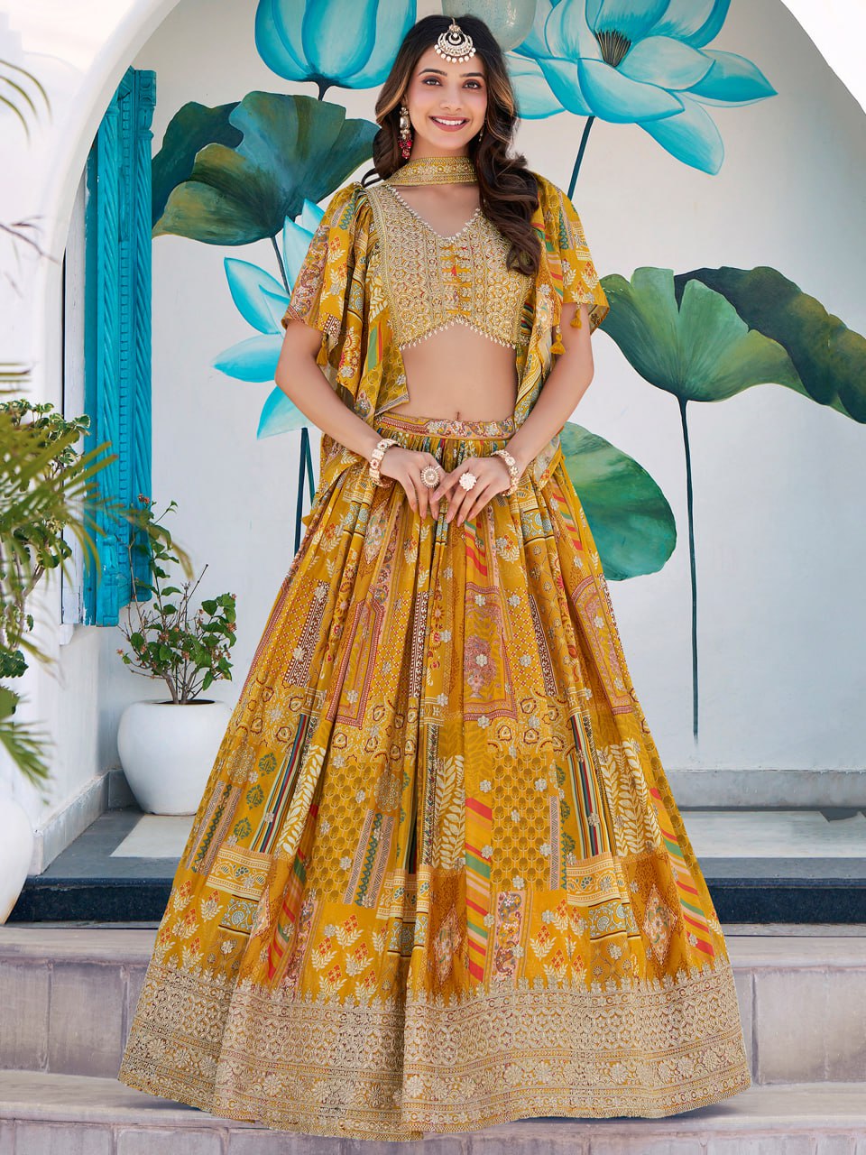 Yellow Multicolor Printed dori and zari embroidery  Lehenga Choli