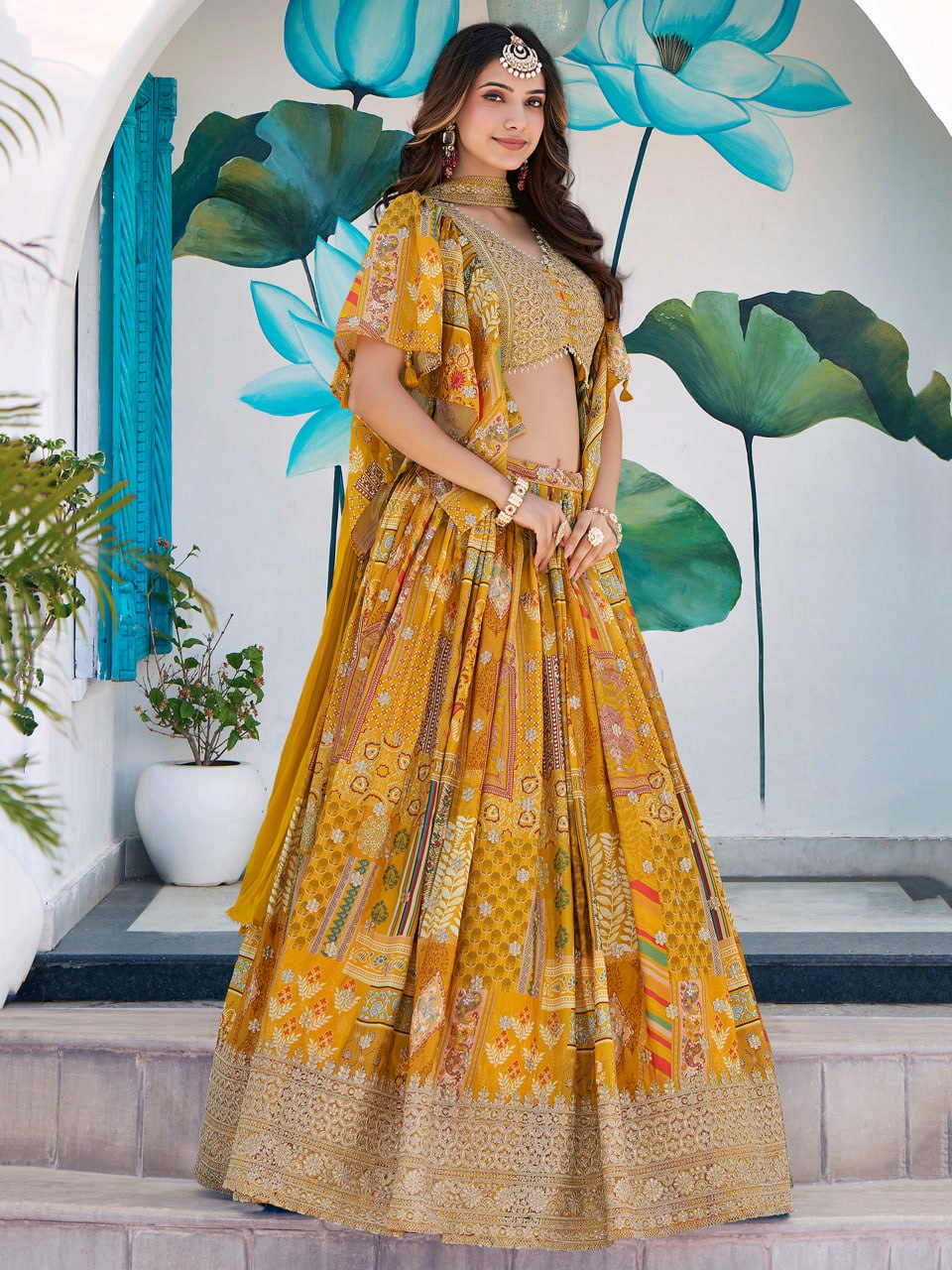 Yellow Multicolor Printed dori and zari embroidery  Lehenga Choli