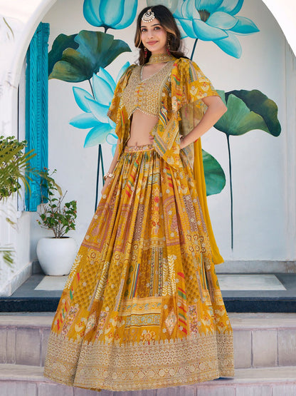 Yellow Multicolor Printed dori and zari embroidery  Lehenga Choli