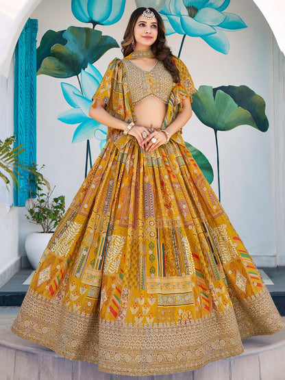 Yellow Multicolor Printed dori and zari embroidery  Lehenga Choli
