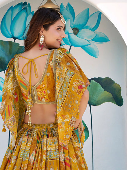 Yellow Multicolor Printed dori and zari embroidery  Lehenga Choli