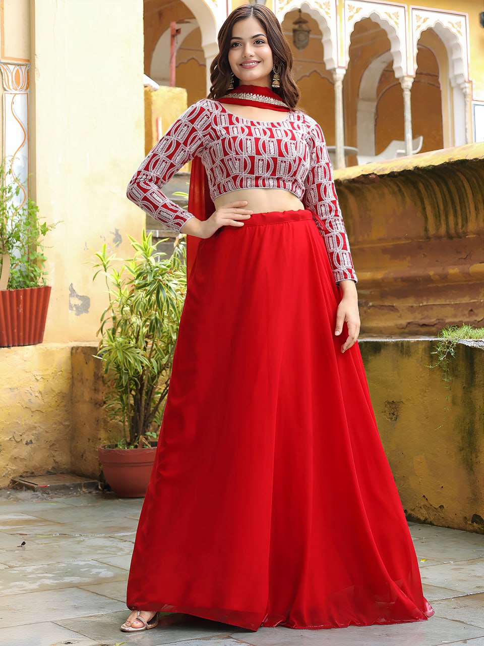 Red thread and sequins embroidery Festive Lehenga Chili