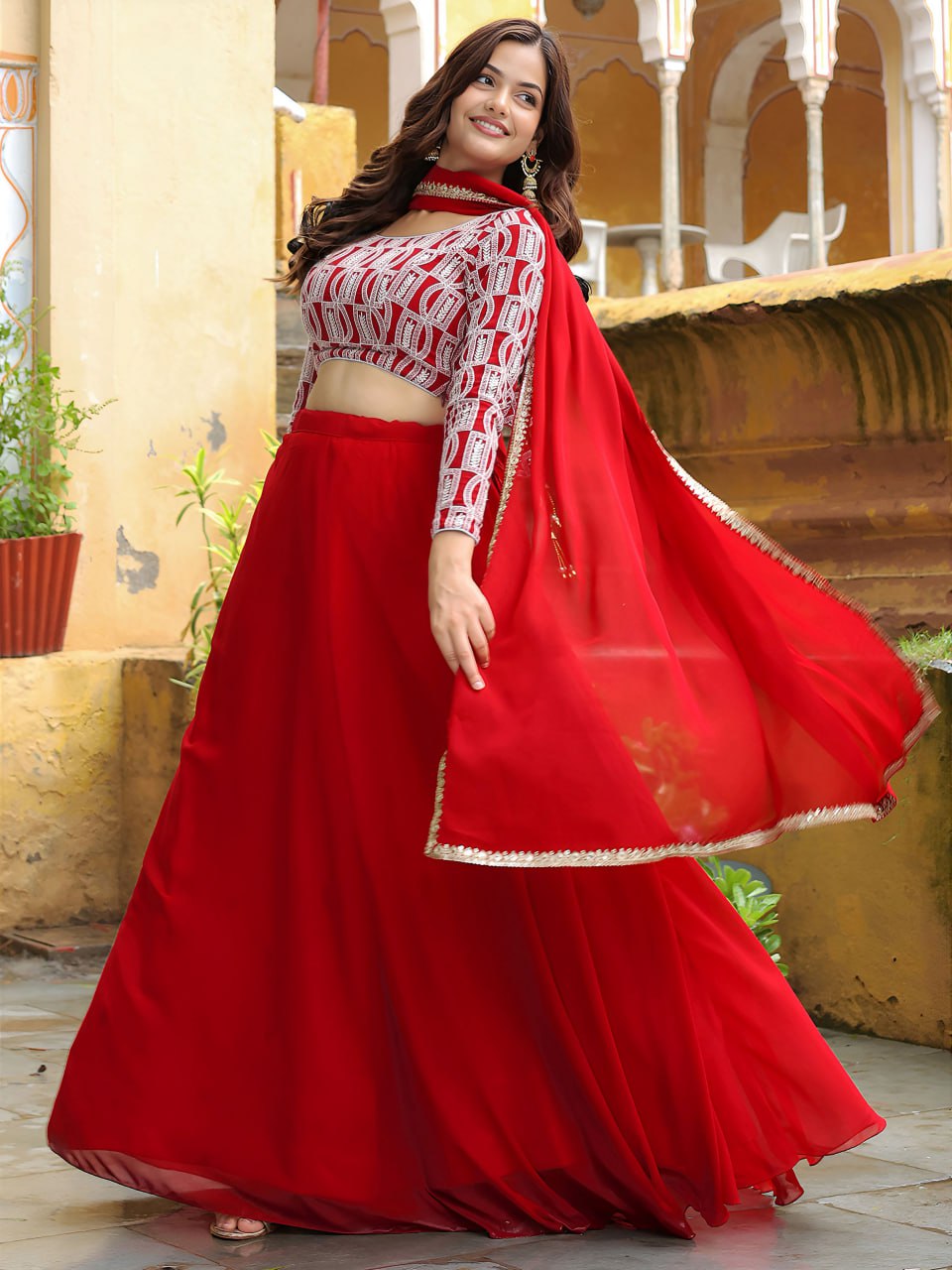 Red thread and sequins embroidery Festive Lehenga Chili