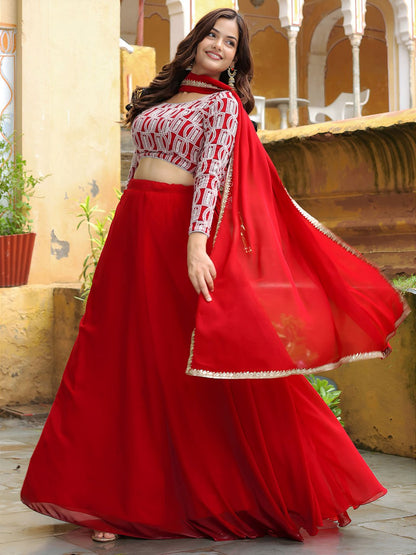 Red thread and sequins embroidery Festive Lehenga Chili