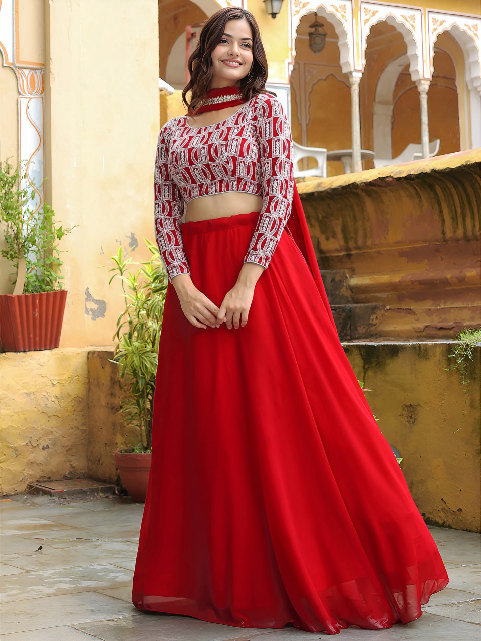 Red thread and sequins embroidery Festive Lehenga Chili