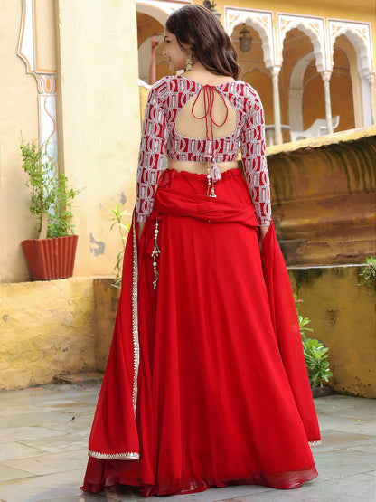 Red thread and sequins embroidery Festive Lehenga Chili