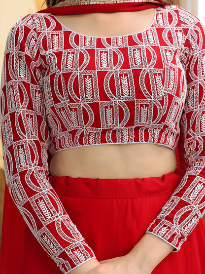 Red thread and sequins embroidery Festive Lehenga Chili