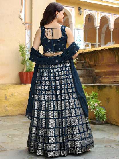 Navy Blue Georgette Thread & Sequin Embroidery Lehenga Choli
