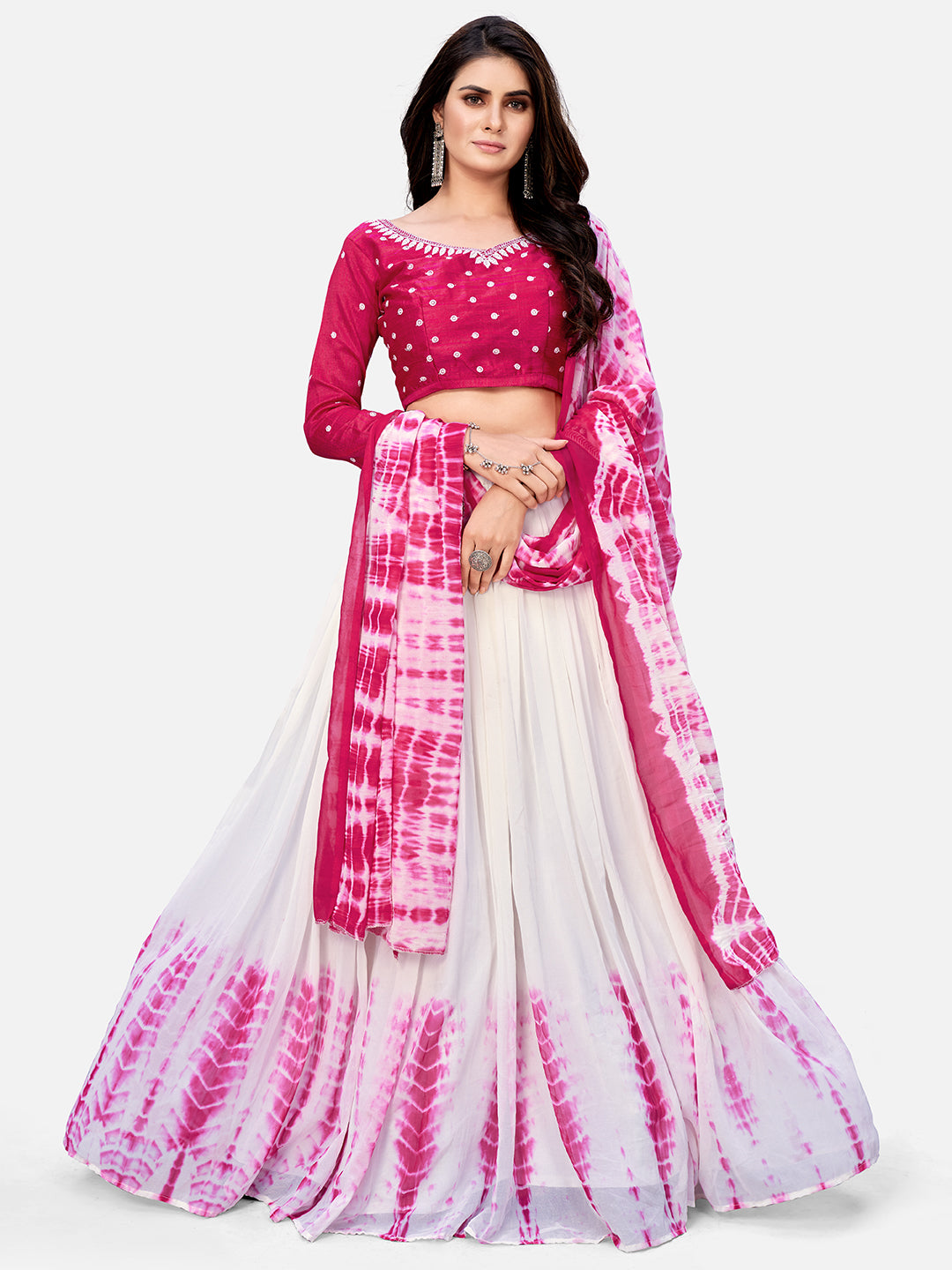 Newest Pink Georgette Embroidered Casual Wear Lehenga With Dupatta