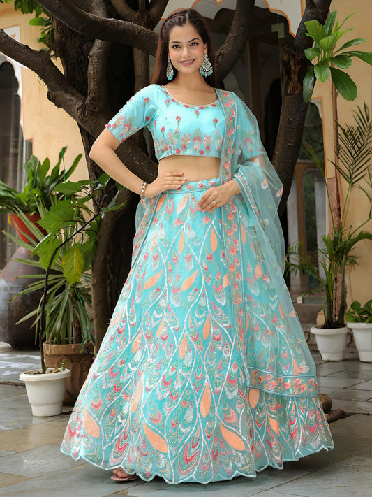 Sky-Blue Soft Net Thread & Sequin Embroidery Lehenga Choli