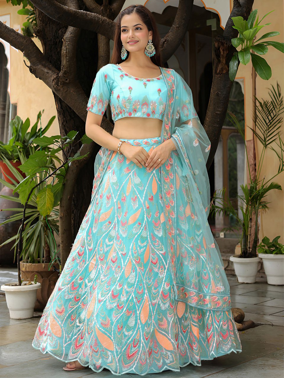 Sky-Blue Soft Net Thread & Sequin Embroidery Lehenga Choli