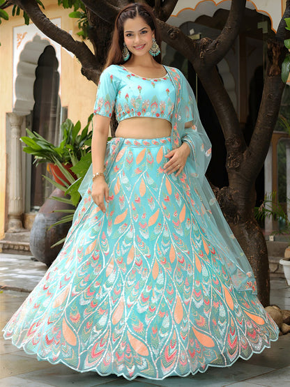 Sky-Blue Soft Net Thread & Sequin Embroidery Lehenga Choli