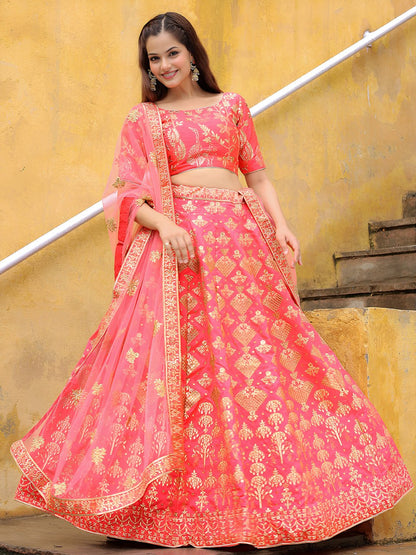 Peach Slub Silk with Zari and Sequins Embroidery Lehenga Choli