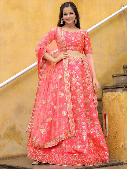 Peach Slub Silk with Zari and Sequins Embroidery Lehenga Choli