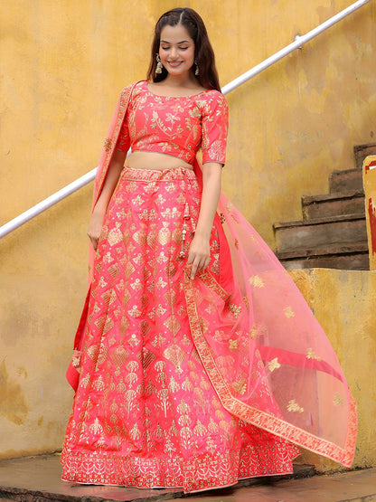 Peach Slub Silk with Zari and Sequins Embroidery Lehenga Choli