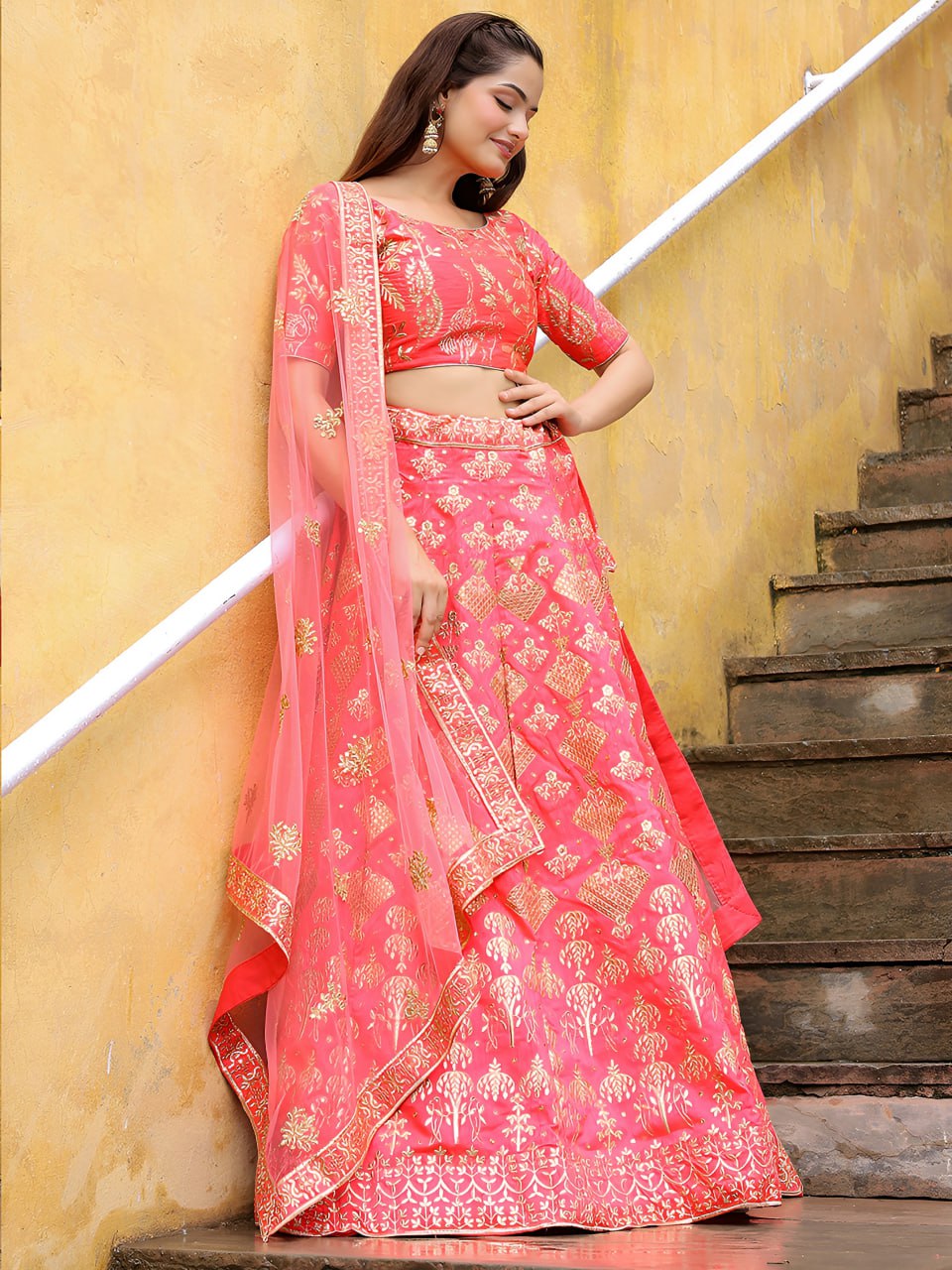 Peach Slub Silk with Zari and Sequins Embroidery Lehenga Choli
