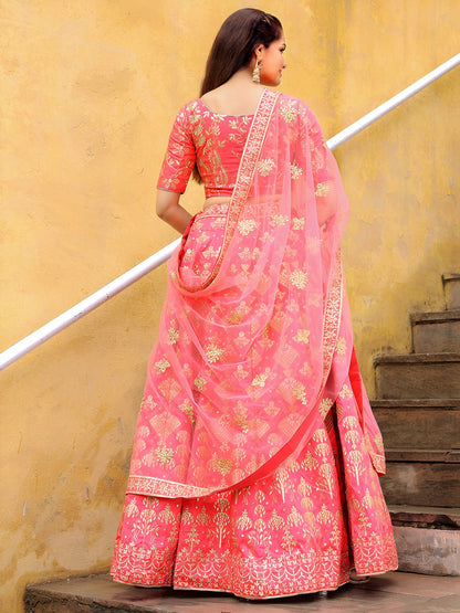 Peach Slub Silk with Zari and Sequins Embroidery Lehenga Choli
