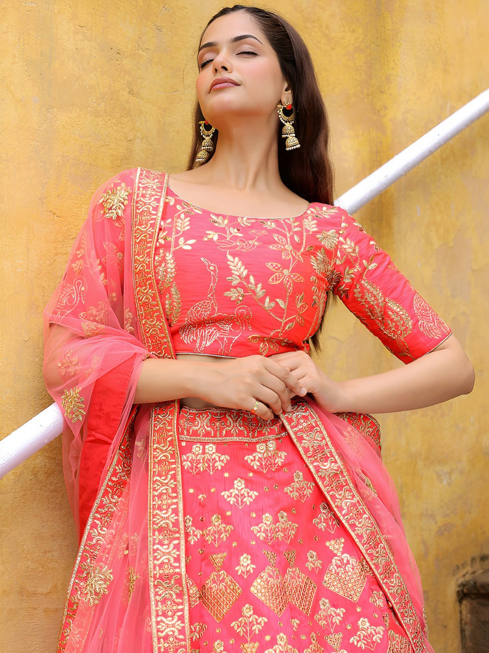 Peach Slub Silk with Zari and Sequins Embroidery Lehenga Choli
