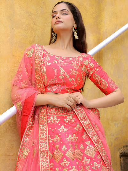 Peach Slub Silk with Zari and Sequins Embroidery Lehenga Choli
