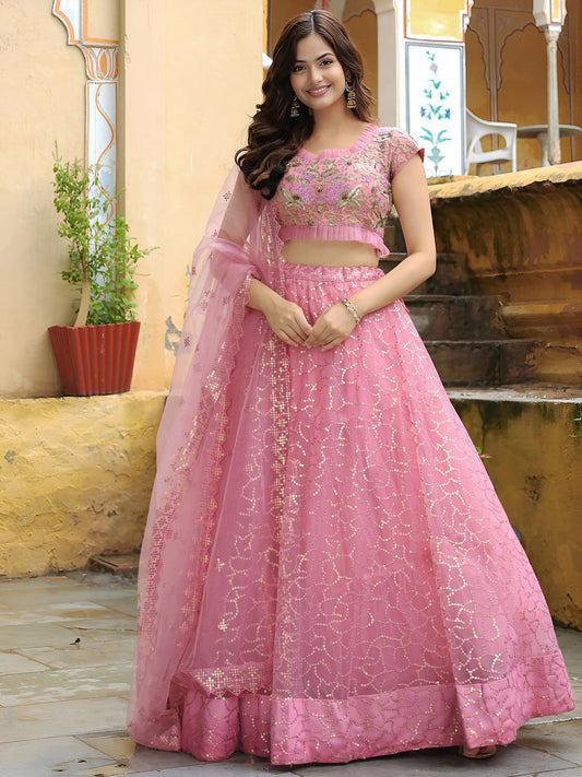 Soft Pink Net with Zari, Resham and Sequins Embroidery Lehenga Choli