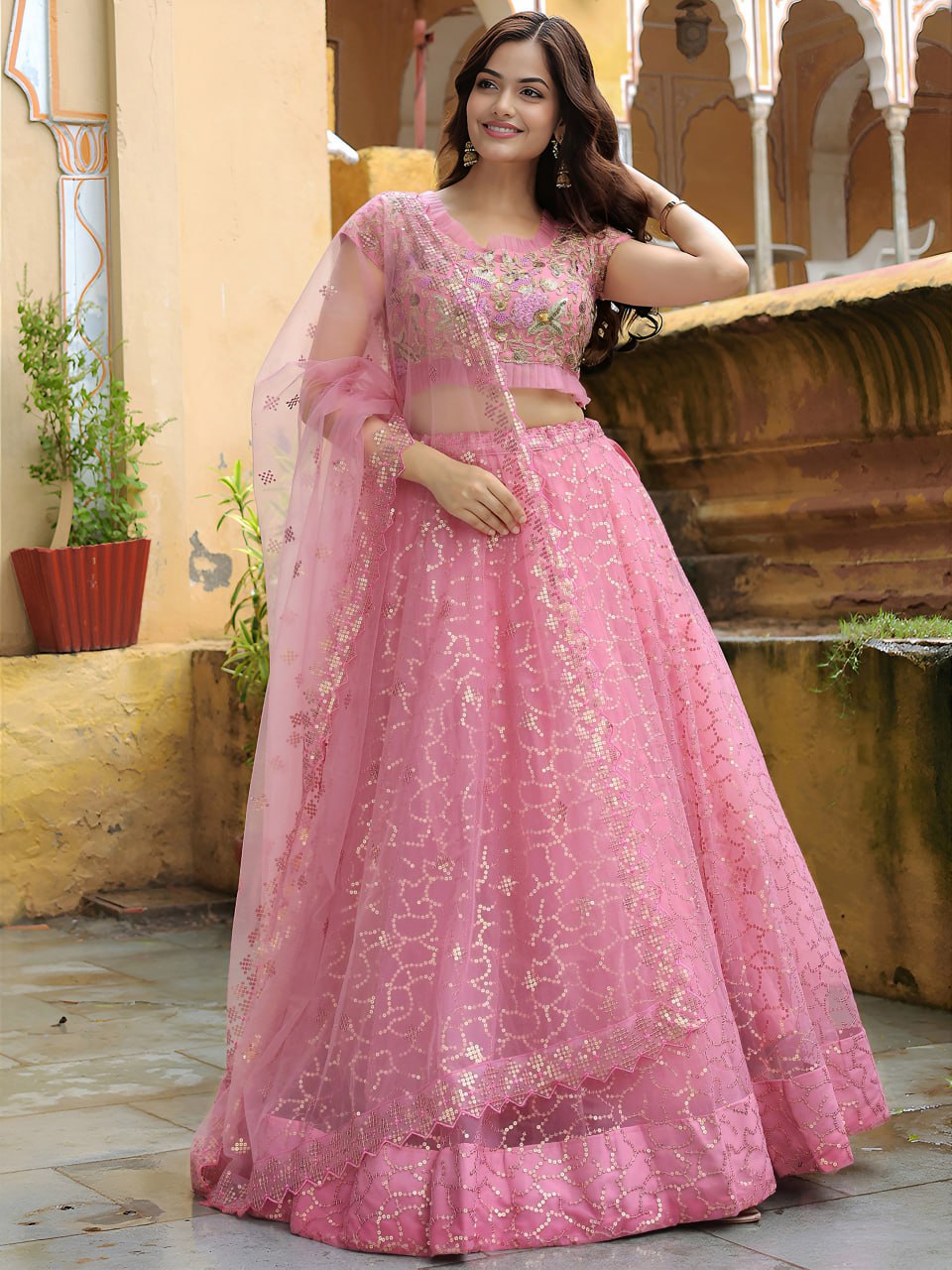 Soft Pink Net with Zari, Resham and Sequins Embroidery Lehenga Choli