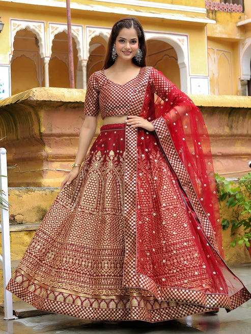 Maroon Raw Silk with Zari and Sequins Embroidered  Lehenga Choli