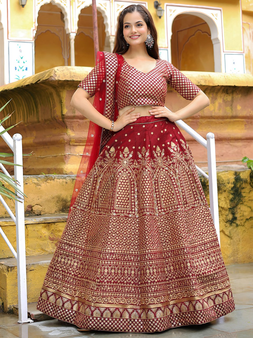 Maroon Raw Silk with Zari and Sequins Embroidered  Lehenga Choli