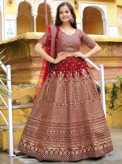 Maroon Raw Silk with Zari and Sequins Embroidered  Lehenga Choli