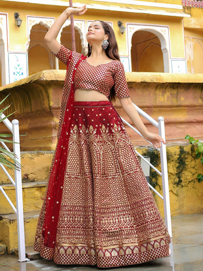 Maroon Raw Silk with Zari and Sequins Embroidered  Lehenga Choli