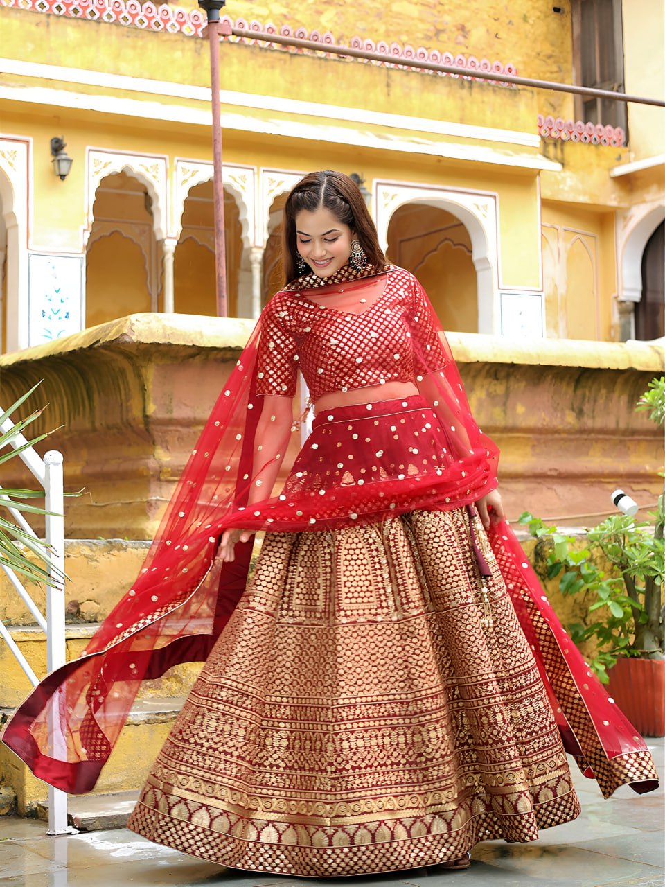Maroon Raw Silk with Zari and Sequins Embroidered  Lehenga Choli