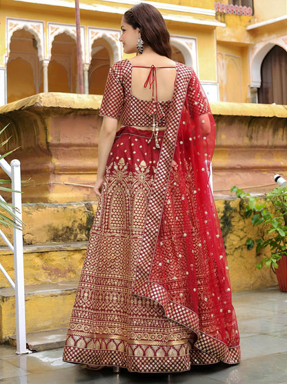 Maroon Raw Silk with Zari and Sequins Embroidered  Lehenga Choli