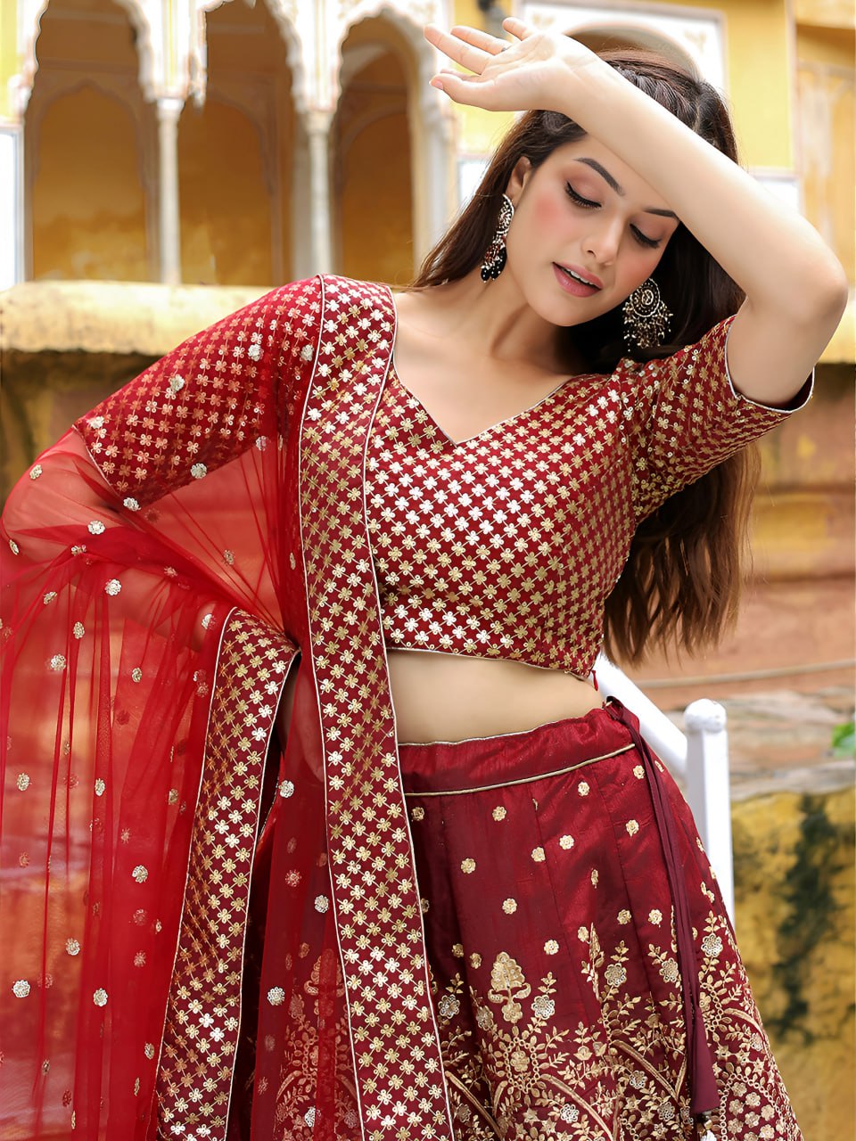 Maroon Raw Silk with Zari and Sequins Embroidered  Lehenga Choli