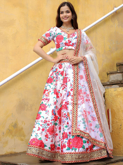 White Dori and Sequins Embroidery with Digital Print and Diamond Work Lehenga Choli
