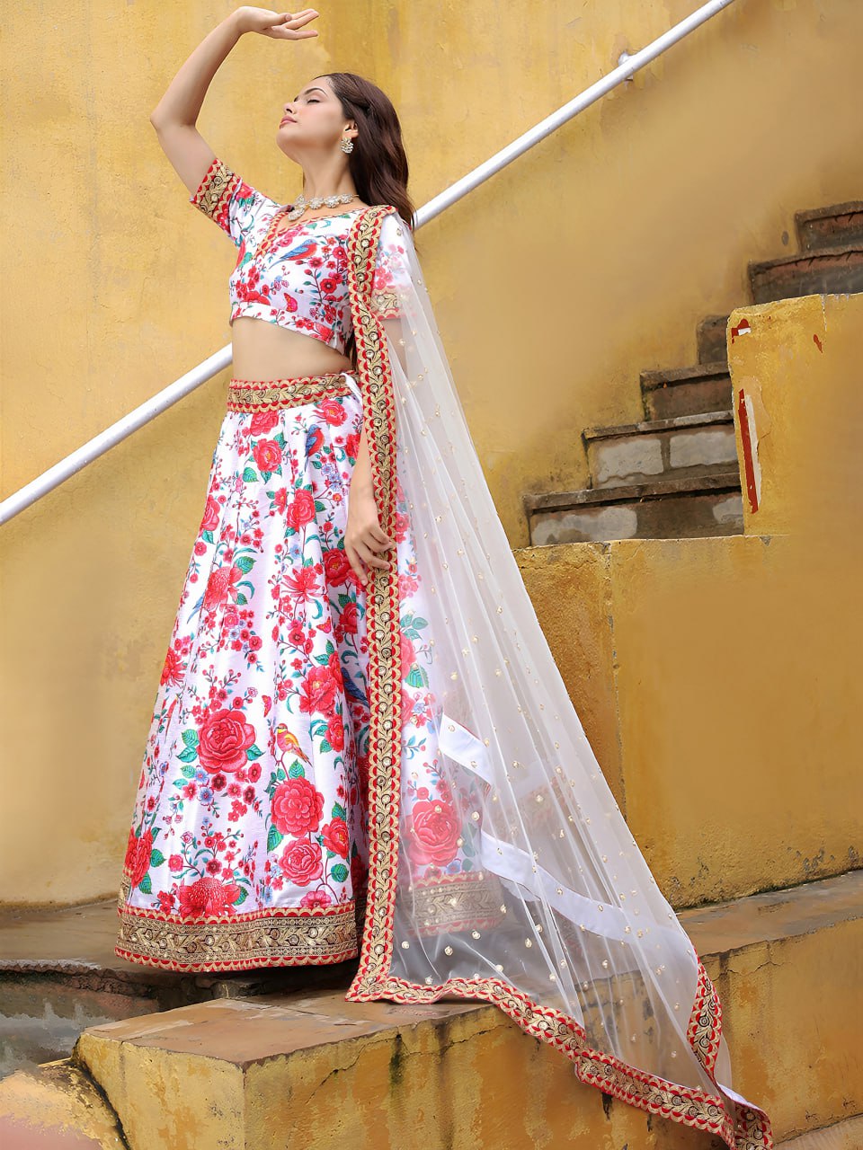 White Dori and Sequins Embroidery with Digital Print and Diamond Work Lehenga Choli