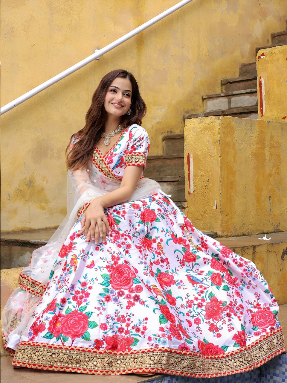 White Dori and Sequins Embroidery with Digital Print and Diamond Work Lehenga Choli