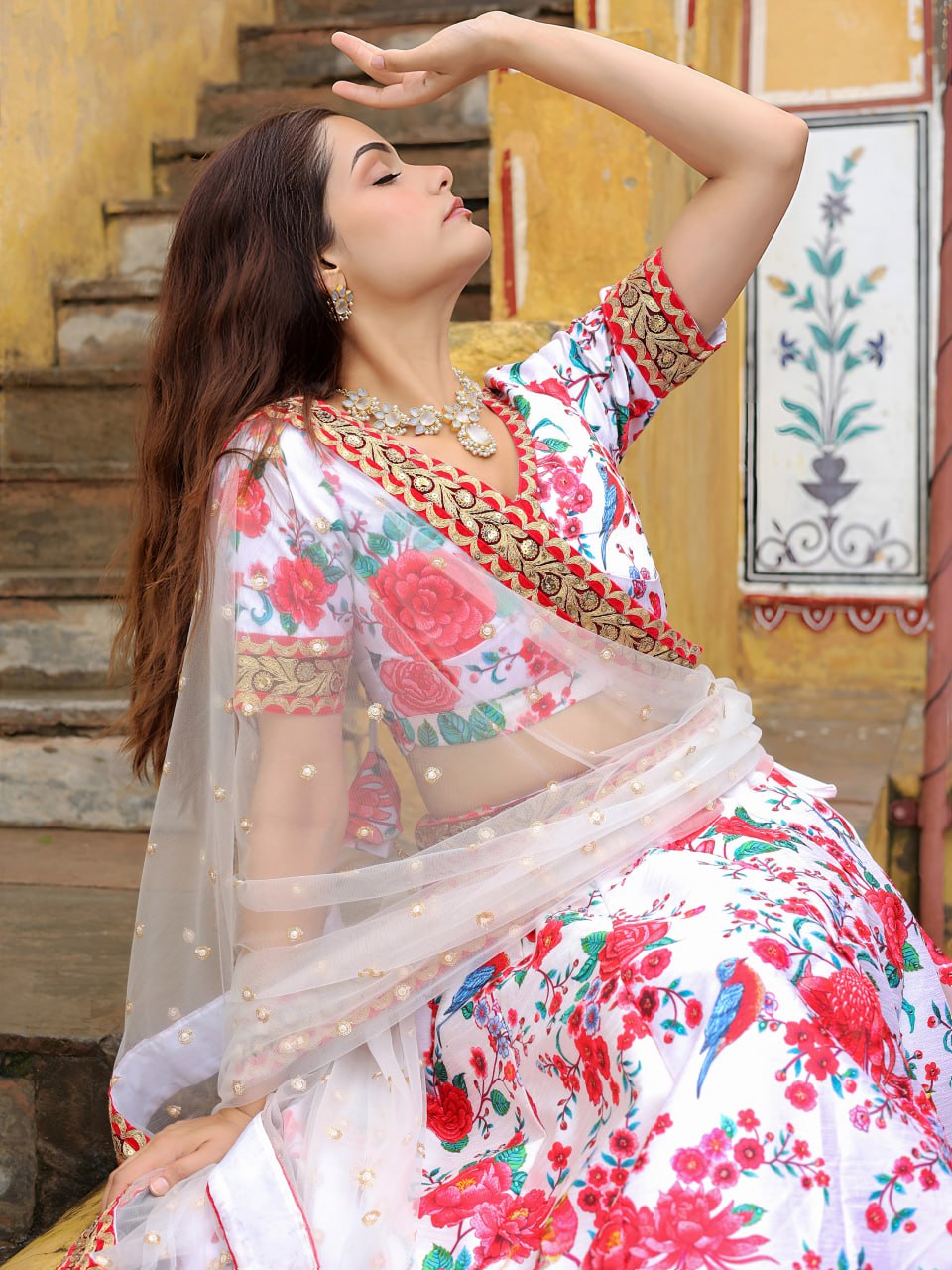 White Dori and Sequins Embroidery with Digital Print and Diamond Work Lehenga Choli