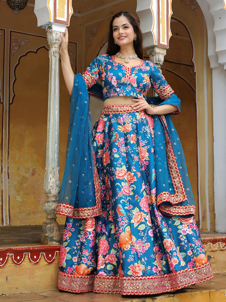 Blue Dori and Sequins Embroidery with Digital Print and Diamond Work Lehenga Choli