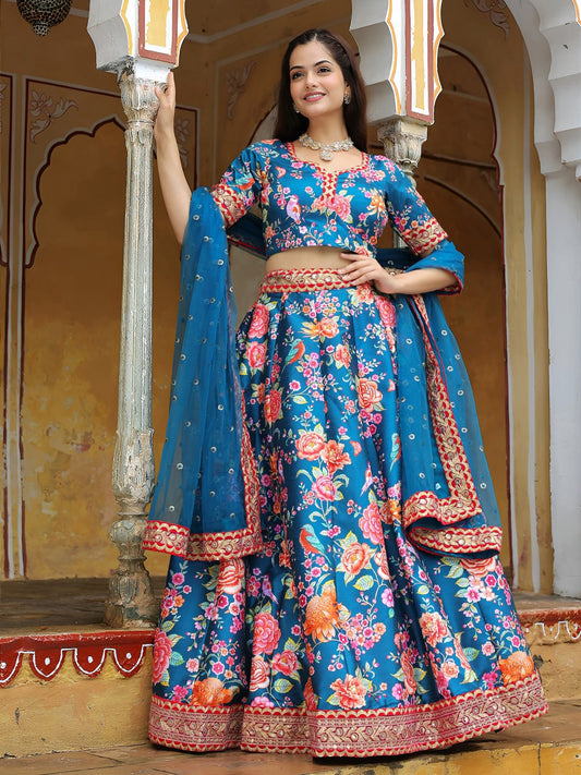 Blue Dori and Sequins Embroidery with Digital Print and Diamond Work Lehenga Choli