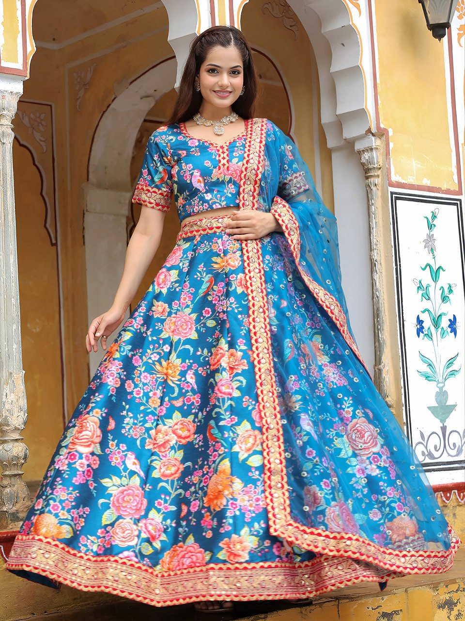 Blue Dori and Sequins Embroidery with Digital Print and Diamond Work Lehenga Choli