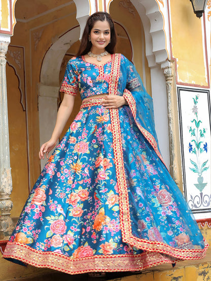 Blue Dori and Sequins Embroidery with Digital Print and Diamond Work Lehenga Choli
