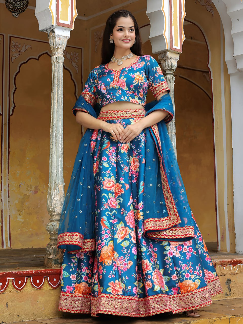 Blue Dori and Sequins Embroidery with Digital Print and Diamond Work Lehenga Choli