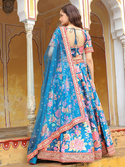Blue Dori and Sequins Embroidery with Digital Print and Diamond Work Lehenga Choli