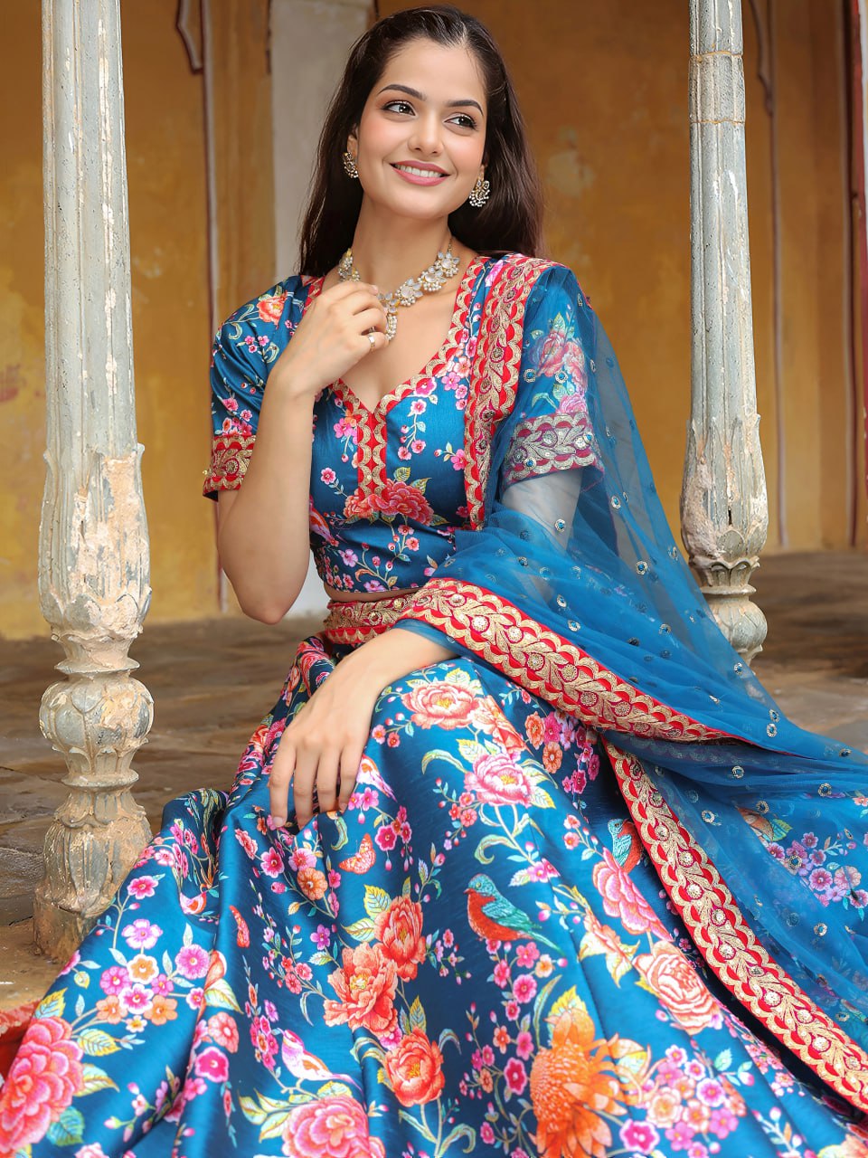 Blue Dori and Sequins Embroidery with Digital Print and Diamond Work Lehenga Choli