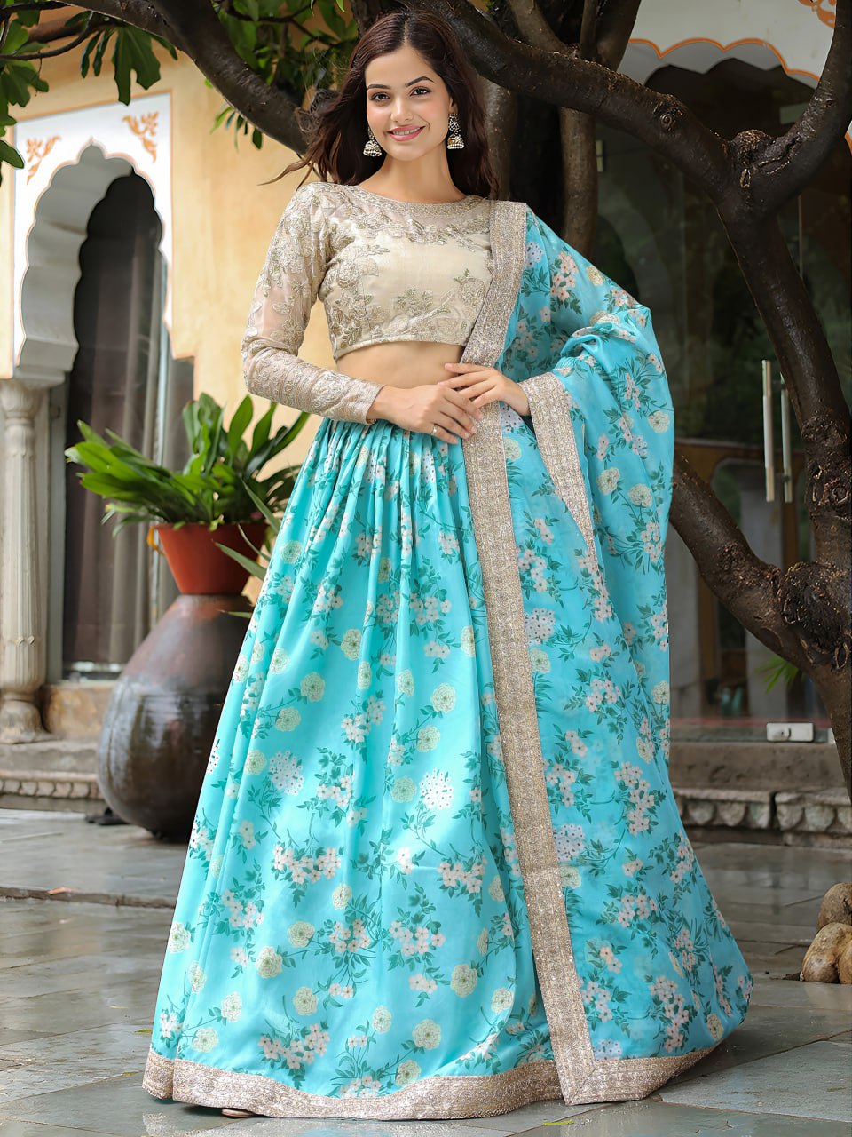Sky Blue Digital Floral Print with Dori and Sequins Embroidery Lehenga Choli